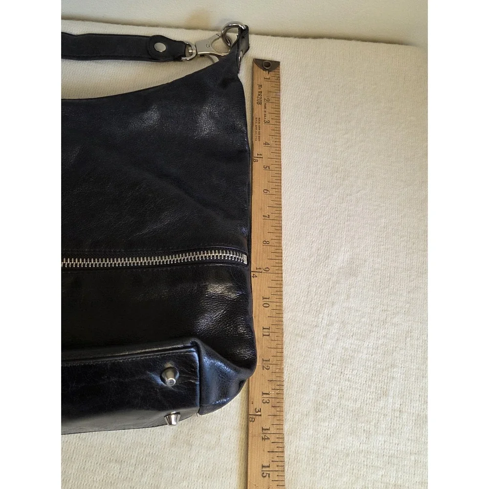 HOBO International Joelle Purse Black Polished Leather Shoulder Bag Silver Hardw